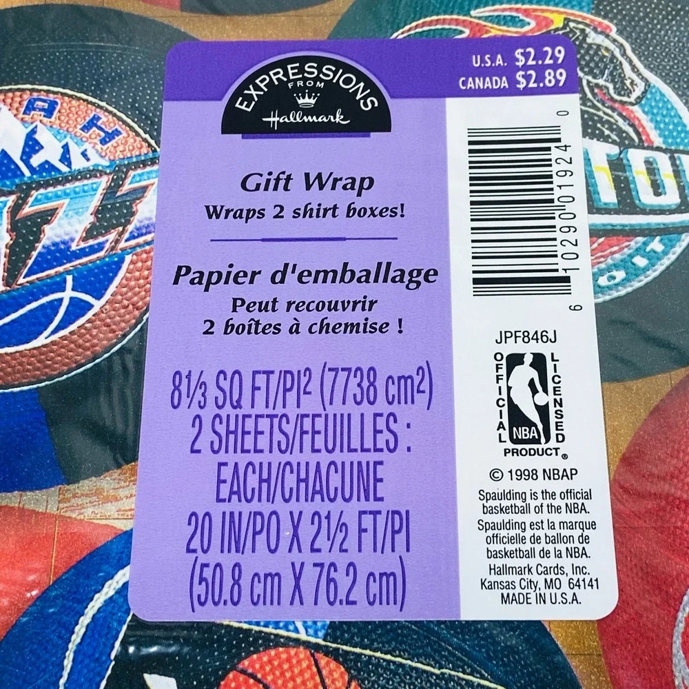 Vintage Hallmark NBA 90s Gift Wrapping Paper NIP‎ 2 Sheets Bulls Jazz Scrapbook